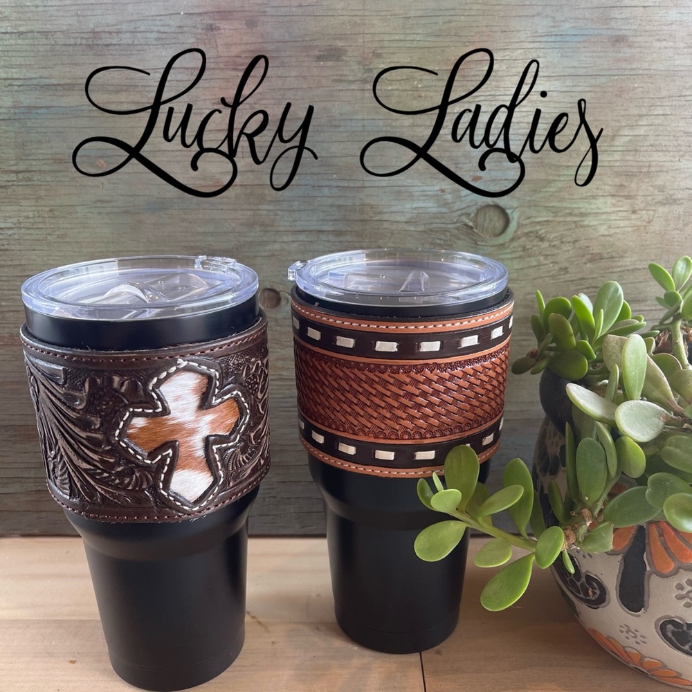 30oz Insulated Western Stamped Hide Cross & Leather Sleeve Tumblers Handmade